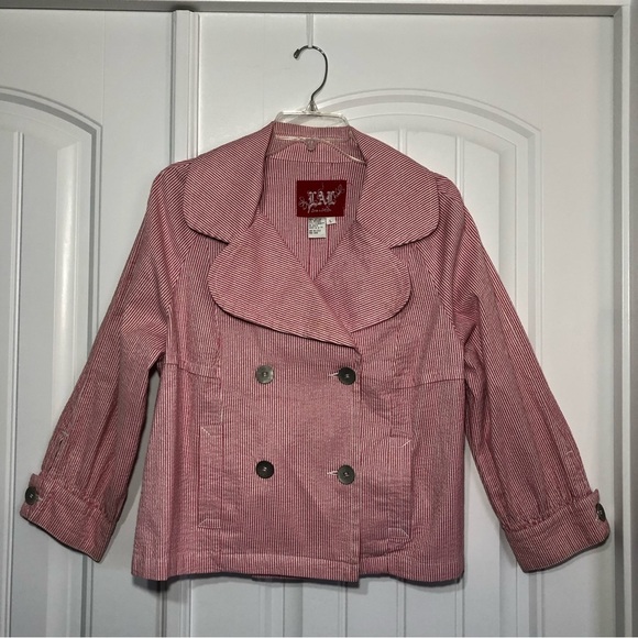 LAL Live A Little Cotton Blend Red / White Stripe Button Front Blazer Jacket L - Picture 2 of 12